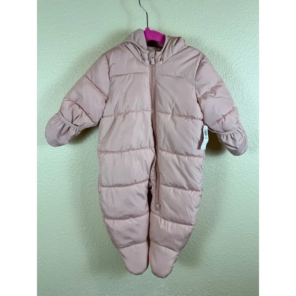 NWT Old Navy Puffer Snowsuit Baby Girls 3-6M Pink Hooded Fleece Lined‎ Bunting